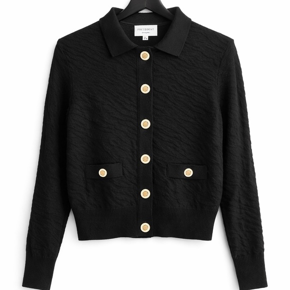 Precedent Los Angeles Black Textured Cardigan Sweater Gold Button Size S/ Chic - Picture 1 of 7